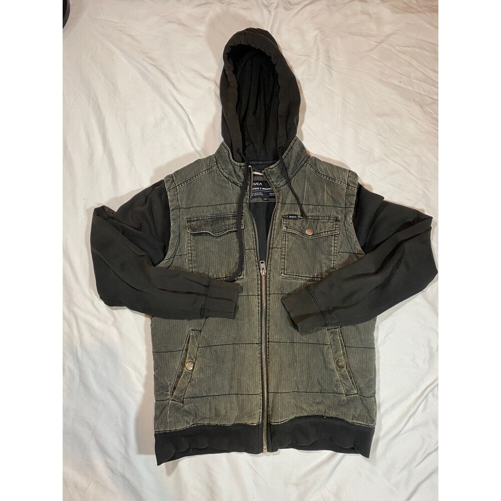 RVCA Green Corduroy Zip Up Hoodie Size Large (Missing Button on Breast Pocket)